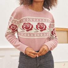 2020 Autumn and Winter New Pullover Long Sleeve Rose Print Wool Sweater 2024 - buy cheap