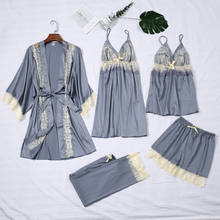 Conjuntos de pijamas de satén de seda para mujer, ropa de dormir Sexy de encaje, para el hogar, gran oferta, 5 piezas 2024 - compra barato