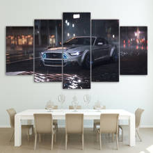 Cuadro sobre lienzo para pared, marco de arte para decoración del hogar, dormitorio, HD impreso, 5 paneles, coche deportivo, Ford Mustang, coche bajo la lluvia, imágenes, póster 2024 - compra barato