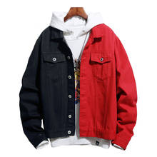 Men's Black Red Spliced Denim Jacket Streetwear Loose Jean Coat Patchwork Top Outerwear 2024 - buy cheap