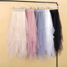 Spring Summer Vintage Skirts Womens Elastic High Waist Irregular Tulle Mesh Skirt Long Pleated Tutu Skirt Female Jupe Longue 2024 - buy cheap