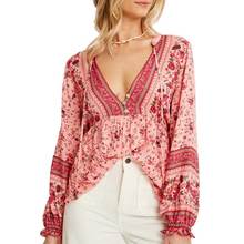 Cherry pink plus size blouess shirts BOHO for women vintage women tops long sleeve spring autumn flower shirt women 2024 - buy cheap