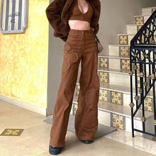 Pantalones Cargo de calle Y2K para mujer, Vaqueros rectos de moda de los 90, color marrón, Vintage, con estampado de flores, holgados, de cintura media, Harajuku 2024 - compra barato