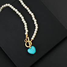 Lifefontier colar de pérola feminino, colar para meninas com pingente de coração em formato de turquesa, acessórios de joias, presentes 2024 - compre barato