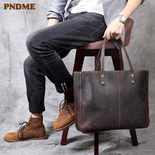 PNDME vintage crazy horse cowhide large capacity men's tote bag luxury genuine leather work laptop shopping shoulder handbags 2024 - buy cheap