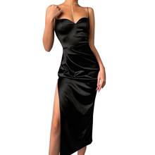 Women's Spaggetti Dress Sexy Solid High-Splitting Strapses Sleeveless Sling V-Neck Pleated Split Mid-Calf Long Dresses 2024 - buy cheap