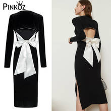 Pinkoz-vestido midi vintage para mujer, prenda sexy de manga larga, ajustado, con lazo, color negro, para fiesta, Primavera 2024 - compra barato