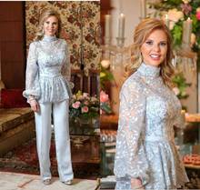 Traje azul claro para madre de la novia, traje de novio con cuello alto, bordado de encaje, manga larga, pantalón de fiesta de noche para madre, 2020 2024 - compra barato