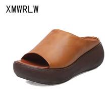 XMWRLW Genuine Leather Women's Summer Slipper Thick Sole Platform Shoes Women Slippers 2020 Summer Ladies Retro Handmade Slipper 2024 - buy cheap