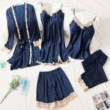 Women Sexy Lace Summer Silk Lingerie Pijama Satin Spaghetti Strap Pajamas Gown Korean Five Piece Pajamas Sets Blue Sleepwear 2024 - buy cheap