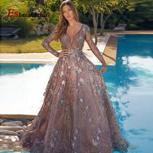 Dubai de luxo árabe mangas compridas noite vestidos para as mulheres 2021 aline v neck cristal rendas formal baile casamento vestidos festa 2024 - compre barato