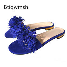 Purple Real Suede Tassel Slippers Women Open Toe Yellow Blue Flat Shoes Woman Fashion Sandals 2024 - buy cheap