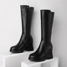 Sapatos femininos de salto alto cano alto, cano médio, couro legítimo, preto, bico arredondado, tênis, moda feminina 2024 - compre barato