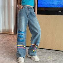 Женские джинсы с высокой талией, одежда с широкими штанинами из джинсовой ткани с принтом, синяя уличная одежда в винтажном стиле, модные прямые брюки Harajuku 2020 2024 - купить недорого