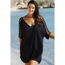 Лето 2019, большой размер, женское вязаное ажурное свободное пляжное платье, половина рукава, с вырезом, v-образный вырез, пляжный стиль, черное платье 2024 - купить недорого