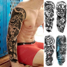Tatuaje de manga de brazo grande para mujer, tatuaje temporal de oración de Cruz de León, pegatina de tatuaje temporal a prueba de agua, brújula de playa de Tigre, arte corporal completo, tatuajes falsos 2024 - compra barato