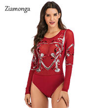 Ziamonga feminino lantejoulas preto vermelho branco malha manga longa bodysuit 2020 outono primavera estilo flor o pescoço puro sexy bodysuits 2024 - compre barato