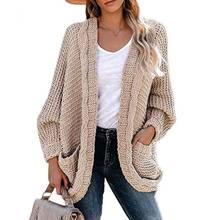 Осенне-зимний женский Повседневный свитер, однотонный вязаный Свободный кардиган с карманами, пальто размера плюс 2XL, теплая одежда для женщин 2024 - купить недорого