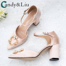 Wedding Shoes Satin Fat Thick Heels Female Pearls Buckle Crystal 2019 New Strap-on Bride Shoes Dress Pregnant Women Cute Sandals 2024 - buy cheap