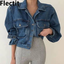 Flectit-chaqueta vaquera recortada para mujer, abrigo de solapa con bolsillo en el pecho, botones delanteros, chaqueta vaquera de corte cuadrado de gran tamaño, moda coreana * 2024 - compra barato