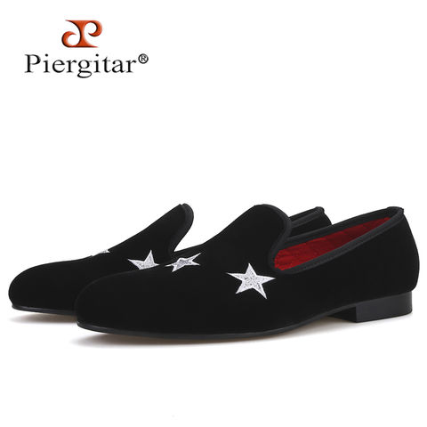 Piergitar handmade black color men velvet slippers loafers with star embroidery wedding and party men shoes plus size 2022 - buy cheap