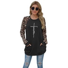 Cross faith letter print 100%cotton women's round neck pocket autumn and winter solid leopard print stitching tops 2024 - buy cheap