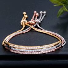 Pulsera ajustable para mujer, brazalete con barra deslizante, brillante CZ, Color oro rosa, joyería 2024 - compra barato