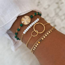 4 pçs do vintage lantejoulas verde strass contas casal pulseiras para as mulheres ouro geométrico charme conjunto boho bangles jóias 2024 - compre barato