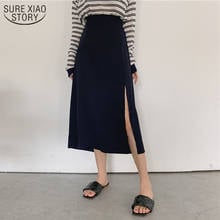 Saia midi de cintura alta coreana, nova saia preta justa costurada feminina, peça única, jupe para mulheres 2021 2024 - compre barato