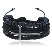 Retro Black Cross Bracelet Multi-Layer Leather Wood Beaded Wristband Adjustable Rope Bangle Religious Male Jewelry 2024 - buy cheap