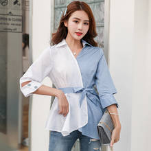 splice blouse Women Half sleeve fashion Bow belt shirts 2021 Spring stripe blouses Female elegant shirt Chemises pour femmes New 2024 - buy cheap
