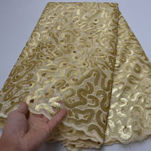 Tecido de renda africano (5 jardas/pc) de alta qualidade cortado à mão em ouro com lantejoulas maravilhosas bordado mais recente para festa op151 2024 - compre barato