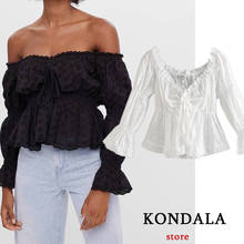 KONDALA México 2021 mujeres de encaje de moda Blusa con cuello ojal pétalo con cuello en V y manga corbata moño de chifón camisas con volantes Mujer Tops 2024 - compra barato