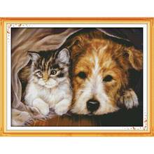 Alegria domingo cão e gato ficar juntos contados ponto cruz 11 & 14ct dmc padrões animais ponto cruz kit bordado bordado bordado conjunto 2024 - compre barato