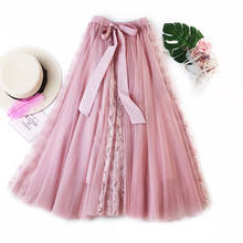 Fashion Tutu Tulle Skirt Women Long Maxi Skirt Korean Cute Bow High Waist Pleated Skirt Female School Sun Spodnica 2024 - buy cheap