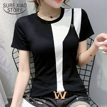 2020 Summer New Short Sleeve Round Neck Spliced Cotton Blouse Women Thin Fashion White & Black Blouse Chemisier Femme 9208 50 2024 - buy cheap