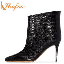 Preto padrão de crocodilo salto alto fino apontou toe tornozelo botas mulher booties tamanho grande 14 16 senhora moda sapatos maduros shofoo 2024 - compre barato