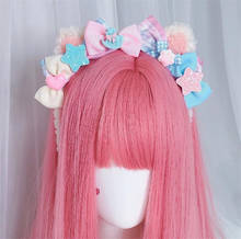 Diadema de felpa Kawaii Lolita con orejas de gato, diadema KC, lazo rosa y azul, accesorios para el cabello D780 2024 - compra barato
