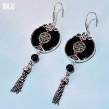 BOCAI 2020 New 100% real S925 silver earrings exquisite atmosphere black agate fringe concentric knot tassel women's earrings 2024 - buy cheap