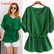 Blusa verde con cuello de pico para mujer, camisa coreana con lazo frontal, Vintage, talla grande, de lino, elegante, para oficina, Verano 2024 - compra barato