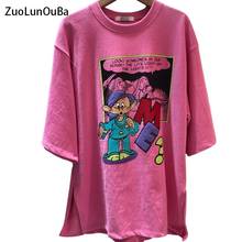 ZuoLunOuBa-Camiseta informal de verano para mujer, blusa con estampado de cómics Harajuku, camisetas rosas de manga corta de tres enanos 2024 - compra barato