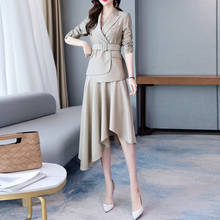 Gant Lady Spring Autumn Fashion Women Notched Belt Blazer Asymmetry Pleated Skirt Suits Office Lady Casual Sets 2 Pieces 2024 - buy cheap