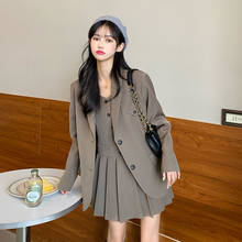 Two-piece Set Suit Dress Sets Korean Casual Notched Blazer Jacket & Sleeveless Pleated Mini Dress Office Lady Wear Women Suits 2024 - buy cheap