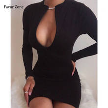 Long Sleeve Mini Dress Women Deep V Neck Zippers Bodycon Sexy Party Dress Autumn Winter Warm Casual Solid Color Female Vestidos 2024 - buy cheap