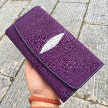 Authentic Stingray Skin Lady Long Purple Trifold Card Wallet Genuine Leather Women's Large Phone Clutch Purse Female Money Bag 2024 - buy cheap