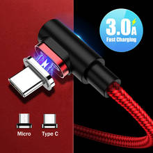 Магнитный USB-кабель 90 градусов 3A, кабель Micro USB Type-C для Samsung, Xiaomi, Huawei, USB C, быстрая зарядка, Магнитный зарядный кабель, шнур 2024 - купить недорого