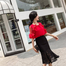 Women Suit Set Summer 2022 New Short Sleeve Chiffon Blouse Shirt and Lace Midi Skirt Fashion 2 Piece Sets Womens Outfits Y634 2024 - buy cheap