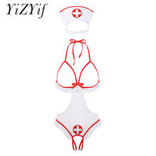 Womens Fantasy Nurse Cosplay Role play Sexy Lingerie Set Halter Neck Open Cups Crotchless Tie-on Leotard Bodysuit with Headband 2024 - buy cheap