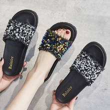 Zapatillas de tela con flecos brillantes para mujer, chanclas de exterior, sandalias de plataforma, zapatos de borla ostentosos, deslizantes 2024 - compra barato