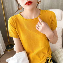 100% Cotton Pullover Women Solid Striped Lace Up Elegant Chic Female Top Casual O-Neck Short Sleeve Ladies Basic Bottom Knitwear 2024 - buy cheap